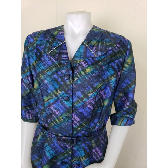 Vintage Wiggle Dress Sz 16 Belted Pin Up Brutalist Peacock Blue Jeweled Collar - Picture 2 of 16